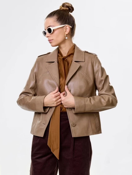 Короткий кожаный пиджак премиум класса для женщин 304, серо-коричневый, размер 46, артикул 23630-0