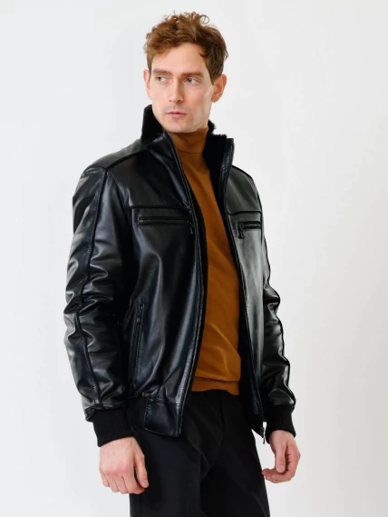 Короткая кожаная мужская дубленка бомбер 515, черная, размер 50, артикул 40200-2