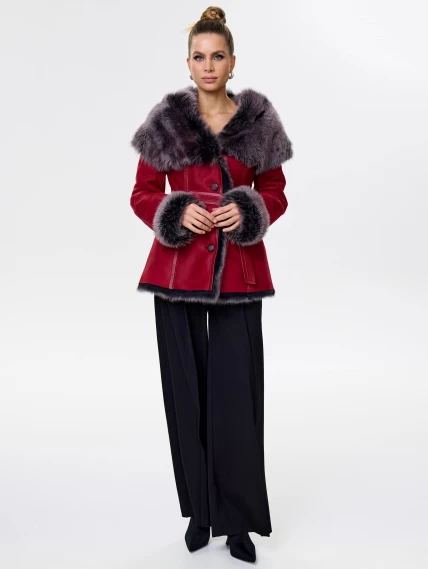 Короткая женская дубленка из тосканы с капюшоном 122, красная, размер 44, артикул 13751-7