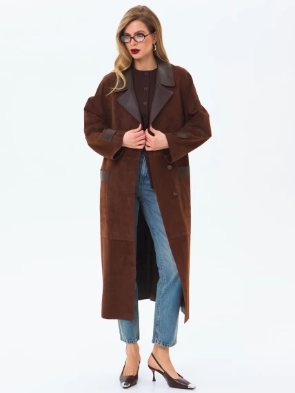 Длинный женский замшевый плащ премиум класса 3083з, коньячный, размер 48, артикул 24550-2