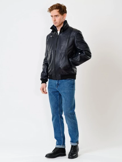 Кожаная куртка бомбер мужская премиум класса 521, синяя, размер 50, артикул 28560-1