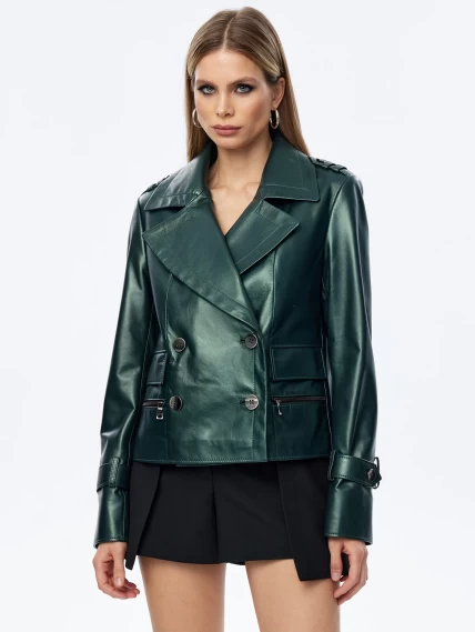 Зеленый женский двубортный кожаный пиджак 3014, размер 48, артикул 91730-0