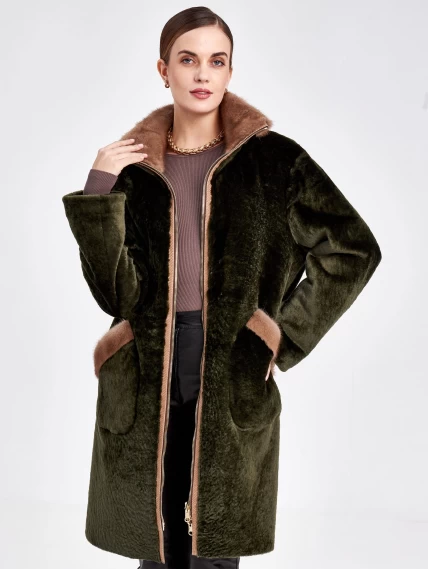 Женская двусторонняя дубленка из астрагана с мехом норки премиум класса 2018, хаки, размер 50, артикул 62771-3