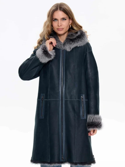 Женская дубленка с капюшоном из тосканы 2067, синяя, размер 48, артикул 64740-7