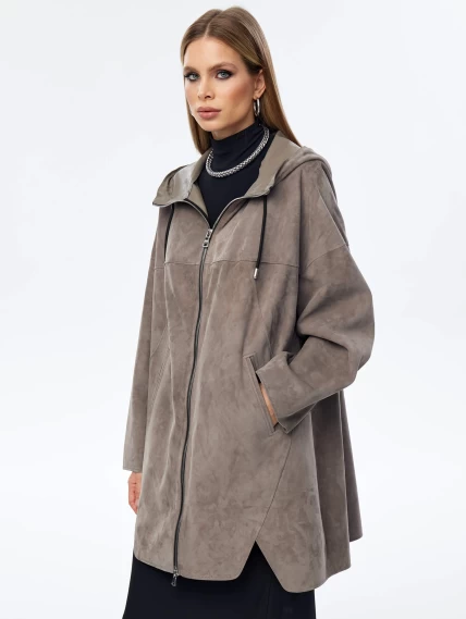 Замшевый плащ оверсайз с капюшоном для женщин премиум класса 3059з, серый, размер 52, артикул 23570-0