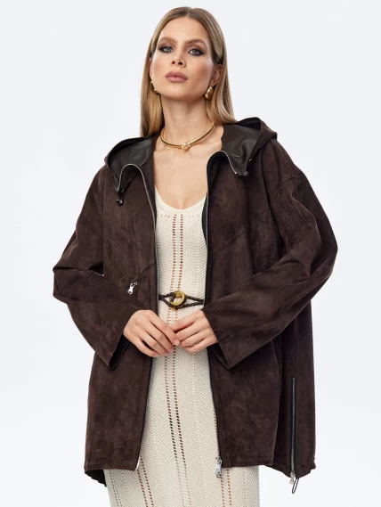 Замшевый плащ оверсайз с капюшоном для женщин премиум класса 3053з, коричневый, размер 48, артикул 23980-0