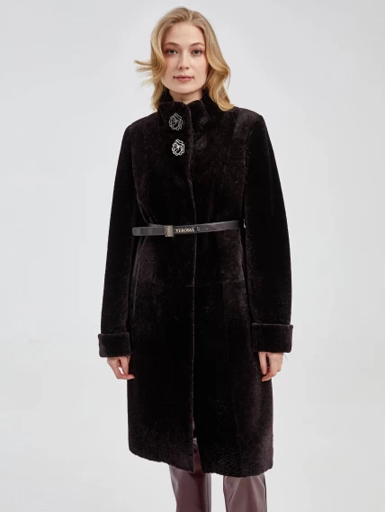 Демисезонный комплект женский: Полупальто из астрагана 15мех + Брюки 02, коричневый/бордовый, р. 42, арт. 111188-3