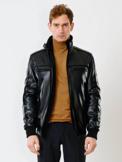 Короткая кожаная мужская дубленка бомбер 515, черная, размер 50, артикул 40200-0