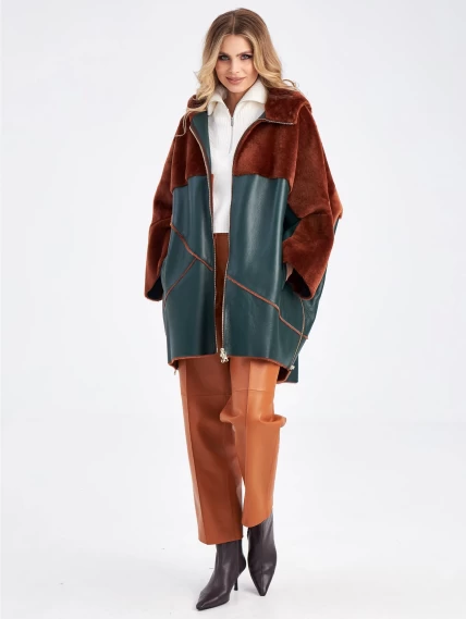 Короткая комбинированная женская дубленка с капюшоном премиум класса 2043, зеленая, размер 46, артикул 63170-5