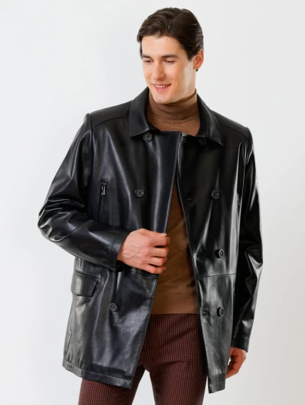 Двубортный мужской кожаный бушлат премиум класса 538, черный, размер 58, артикул 28670-5