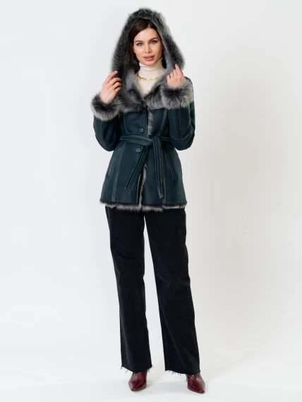 Короткая женская дубленка из тосканы с капюшоном 122, синяя, размер 40, артикул 61852-3