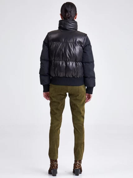 Комбинированная стеганая женская кожаная куртка бомбер 3029, черная, размер 46, артикул 23370-5