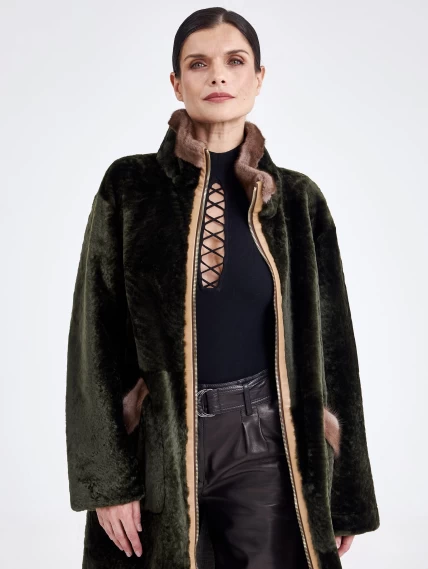 Женская двусторонняя дубленка из астрагана с мехом норки премиум класса 2018, хаки, размер 50, артикул 62770-6