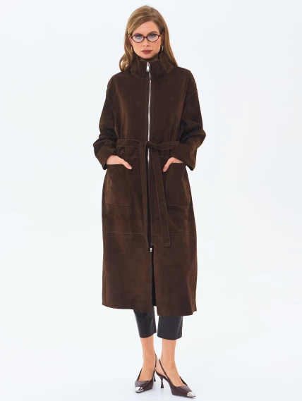 Длинный женский замшевый плащ премиум класса 3082з, коричневый, размер 48, артикул 24670-0