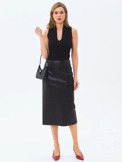 Кожаная юбка-карандаш 18, черная, размер 44, артикул 86000-6