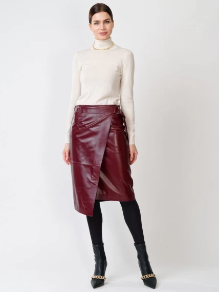 Кожаная юбка миди с запахом 07, бордовая, размер 42, артикул 85351-4