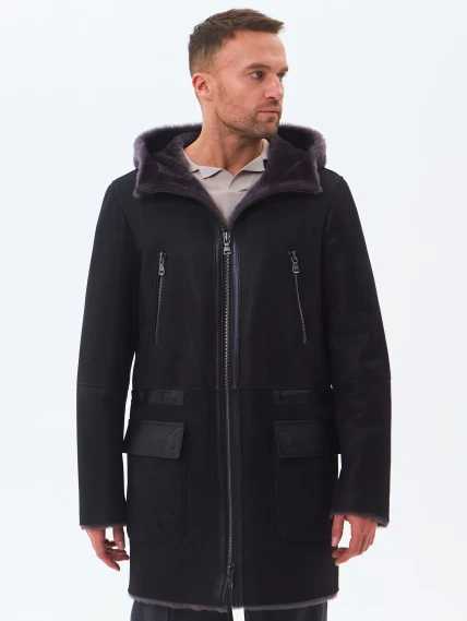 Длинная мужская дубленка с капюшоном премиум класса 429, черная, размер 48, артикул 71461-3