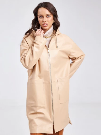 Кожаный женский плащ с капюшоном на молнии премиум класса 3034, бежевый, размер 48, артикул 91940-3