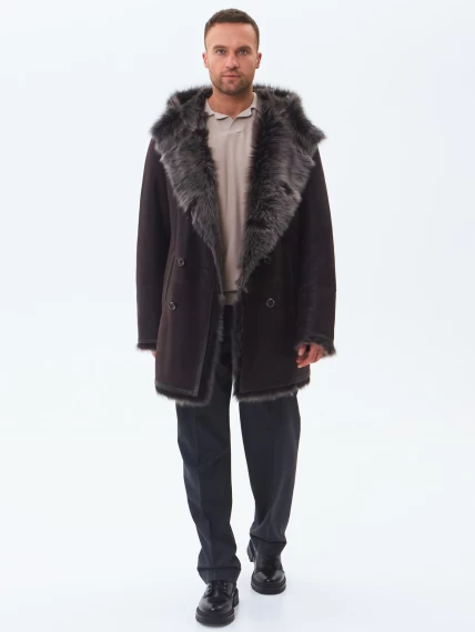 Двубортная мужская дубленка из тосканы с капюшоном премиум класса 415, коричневая, размер 56, артикул 71600-6