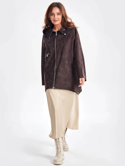 Замшевый женский плащ оверсайз на молнии с капюшоном премиум класса 3053з, коричневый, размер 48, артикул 23470-5