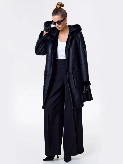 Женская классическая дубленка с капюшоном премиум класса 2004, черная, размер 56, артикул 62820-5