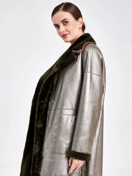 Двубортная двусторонняя женская дубленка из астрагана с мехом норки премиум класса 2017, хаки, размер 48, артикул 62750-3