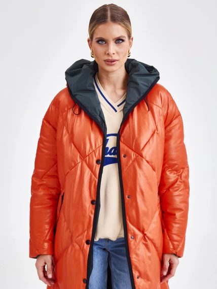 Длинный женский кожаный пуховик с капюшоном премиум класса 3026, оранжевый, размер 50, артикул 25350-3