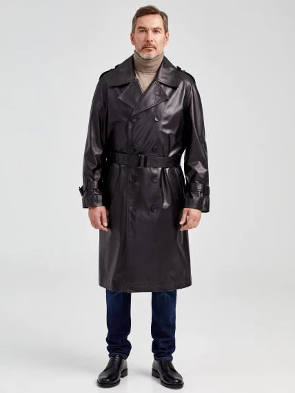 Мужской двубортный кожаный плащ премиум класса 553, черный, размер 52, артикул 40541-3