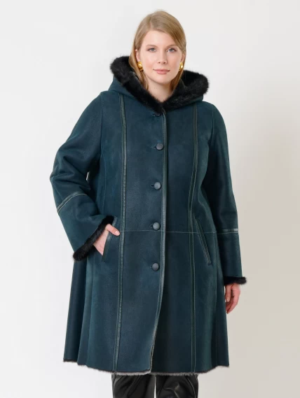 Женская дубленка с капюшоном и отделкой из меха норки 225у, синяя, размер 58, артикул 14860-1
