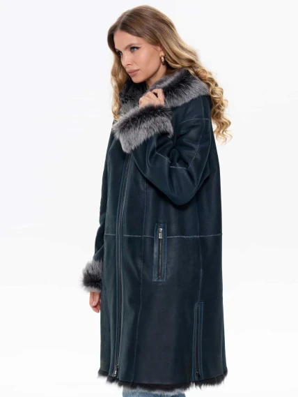 Женская дубленка с капюшоном из тосканы 2067, синяя, размер 48, артикул 64740-6