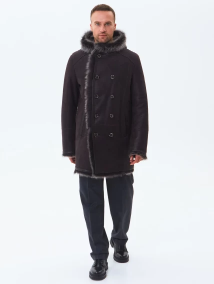 Двубортная мужская дубленка из тосканы с капюшоном премиум класса 415, коричневая, размер 56, артикул 71600-1