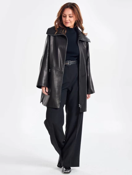 Женское кожаное полупальто оверсайз премиум класса 3057, черное, размер 52, артикул 64020-0