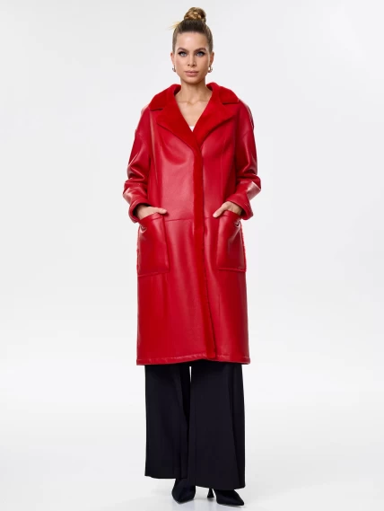 Длинная женская дубленка оверсайз премиум класса 2002, красная, размер 46, артикул 62441-1