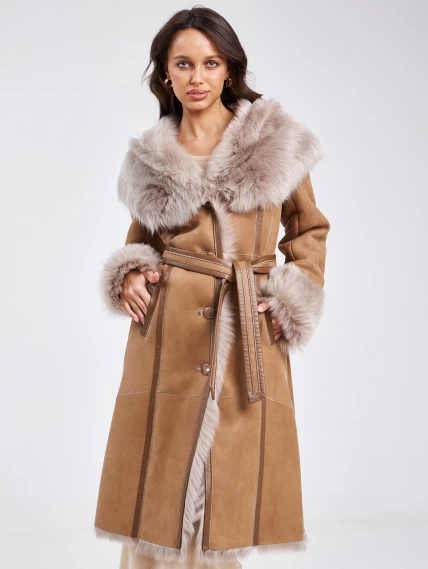 Женское пальто из натуральной овчины с капюшоном 132, бежевое, размер 44, артикул 62860-5