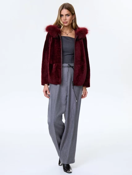Женская шуба с капюшоном из астрагана с мехом песца 48мех, бордовая, размер 48, артикул 13800-5