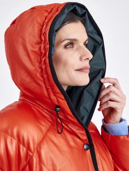 Кожаное женское стеганое пальто с капюшоном премиум класса 3026, оранжевое, размер 48, артикул 25410-2