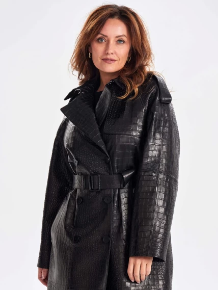 Кожаное пальто с принтом под крокодила премиум класса для женщин 3071, черное, размер 54, артикул 63350-1
