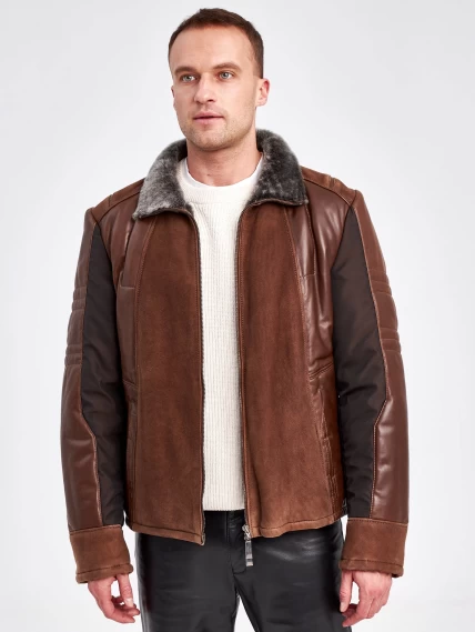 Комбинированная короткая мужская дубленка 40072, коричневый, размер 50, артикул 71230-3