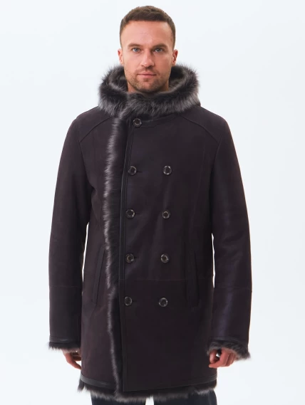 Двубортная мужская дубленка из тосканы с капюшоном премиум класса 415, коричневая, размер 56, артикул 71600-7
