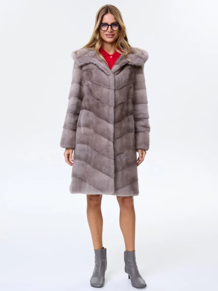 Полупальто с капюшоном из меха норки для женщин Галя(к), серо-голубое, размер 44, артикул 34100-2