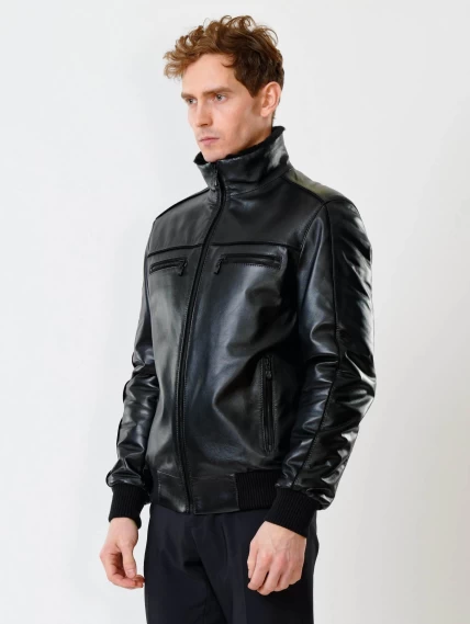 Короткая кожаная мужская дубленка бомбер 515, черная, размер 50, артикул 40200-5