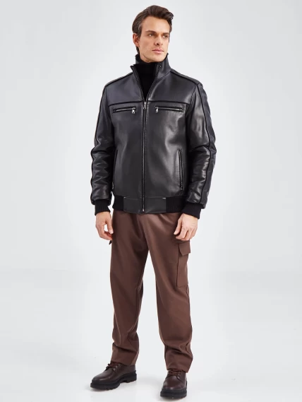 Короткая кожаная мужская дубленка бомбер 515, черная, размер 50, артикул 40261-2