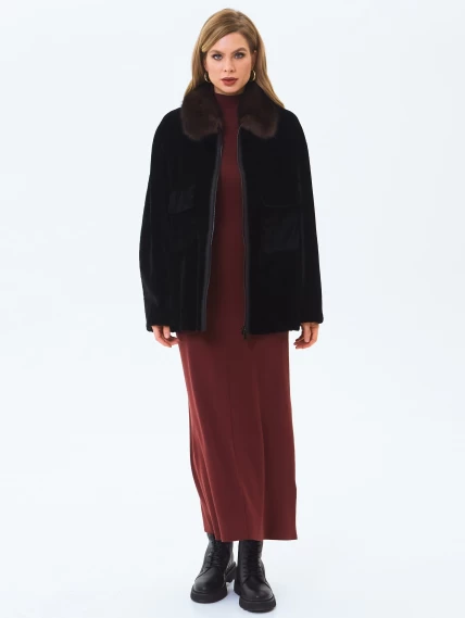 Дубленка женская из астрагана с воротником куницей 2063, черная, размер 52, артикул 64660-6