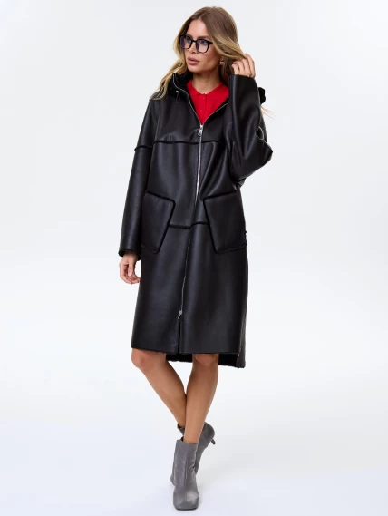 Женское полупальто с капюшоном из натуральной овчины премиум класса 2052, черное, размер 52, артикул 64290-1