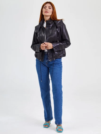 Кожаная женская куртка бомбер с капюшоном 305, черная, размер 46, артикул 91761-3