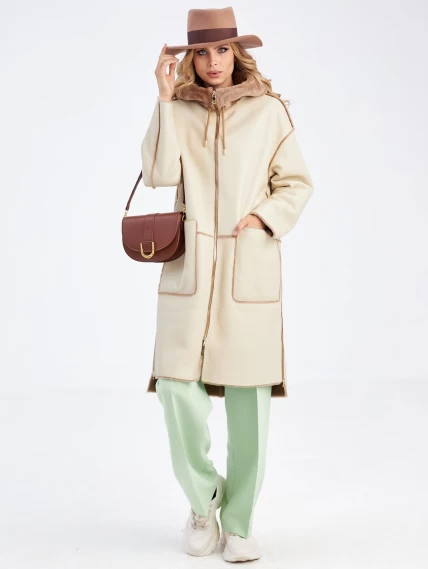 Женское полупальто с капюшоном из натуральной овчины премиум класса 2037, бежевое, размер 54, артикул 63860-0