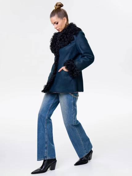 Короткая женская дубленка с овчиной тиградо 289, синяя, размер 42, артикул 61951-1