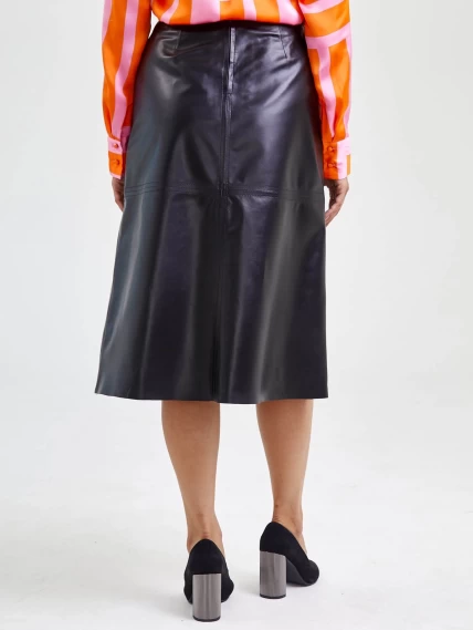 Кожаная юбка миди 09, черная, размер 46, артикул 85560-5