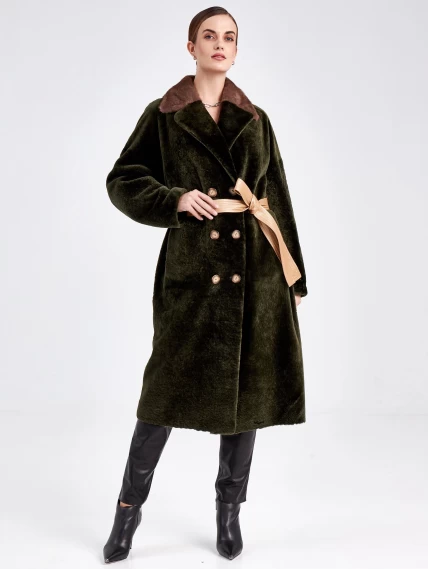Двубортная двусторонняя женская дубленка из астрагана с мехом норки премиум класса 2017, хаки, размер 48, артикул 62750-4