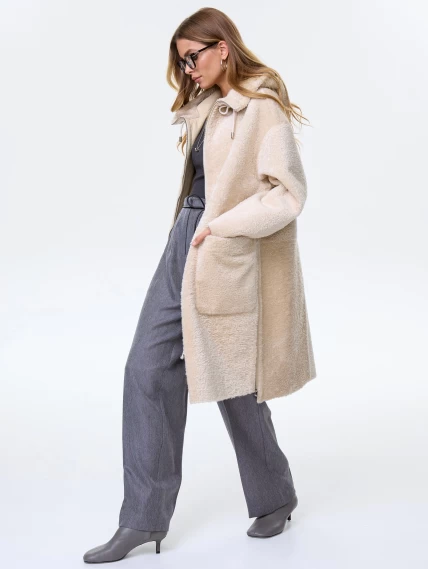 Длинная дубленка из астрагана с капюшоном для женщин премиум класса 2059, бежевая, размер 44, артикул 64120-1